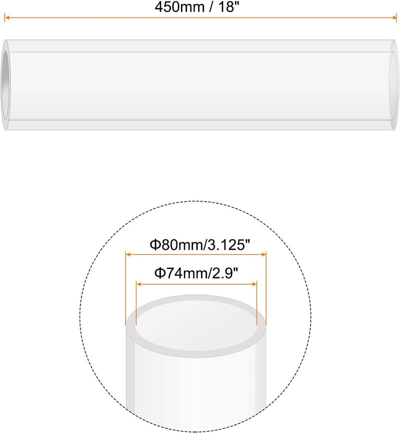 Rebower 18" Clear Plastic Rigid Pipe 74mm ID x 80mm OD (2.9" ID x 3.125" OD) Acrylic Round Polycarbonate Tubing, [for Plumbing, Hydraulics, Aquarium] - Image 2